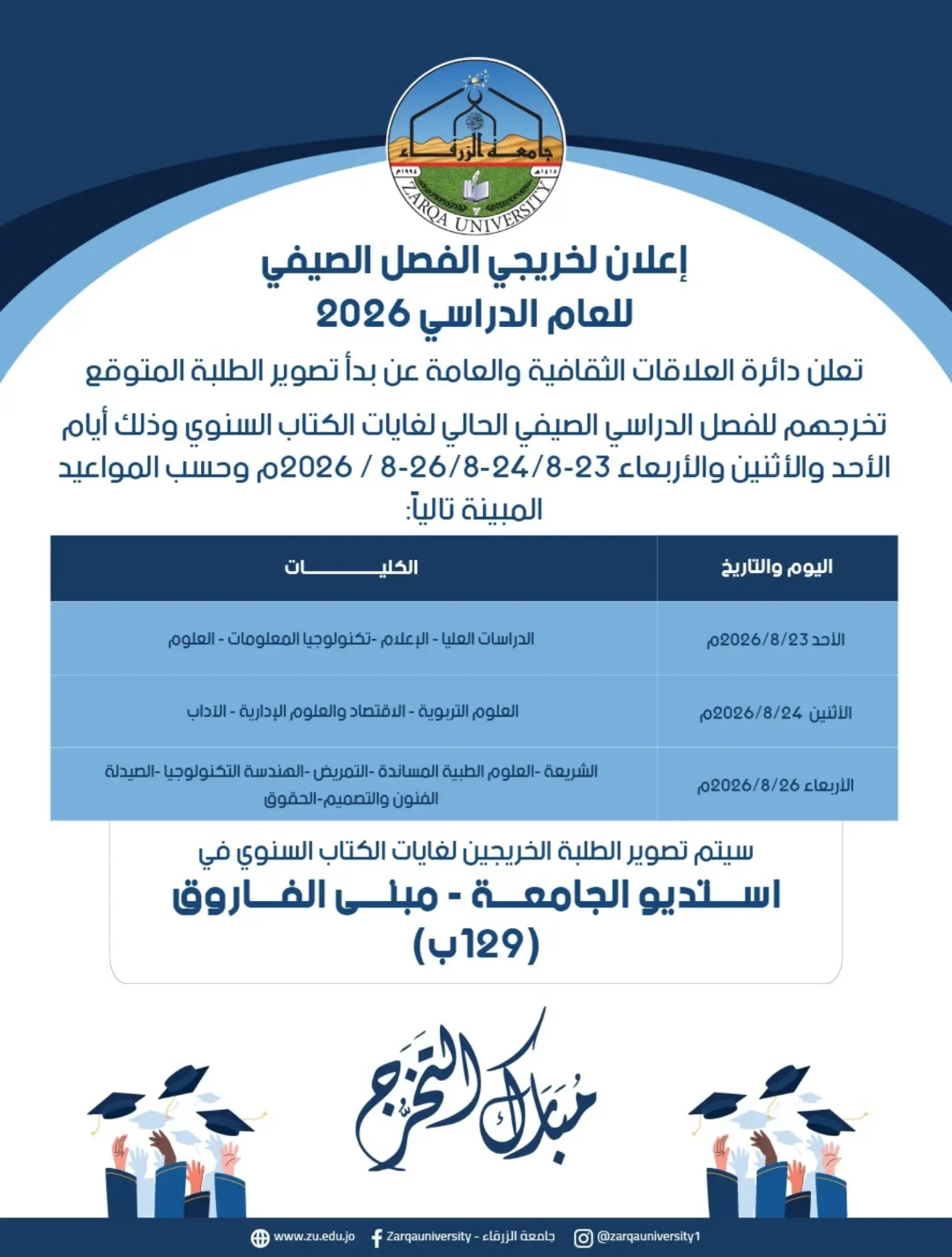  جامعة الزرقاء - إعلان للطلبة المتوقع تخرجهم للفصل الدراسي الحالي لغايات التصوير 