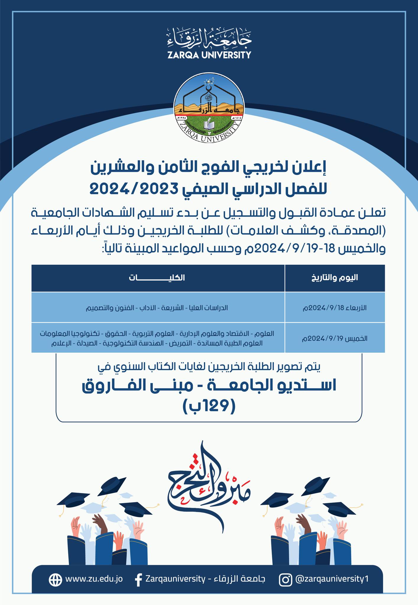  جامعة الزرقاء - إعلان هام لخريجي الفوج الثامن والعشرين للفصل الدراسي الصيفي 2024/2023