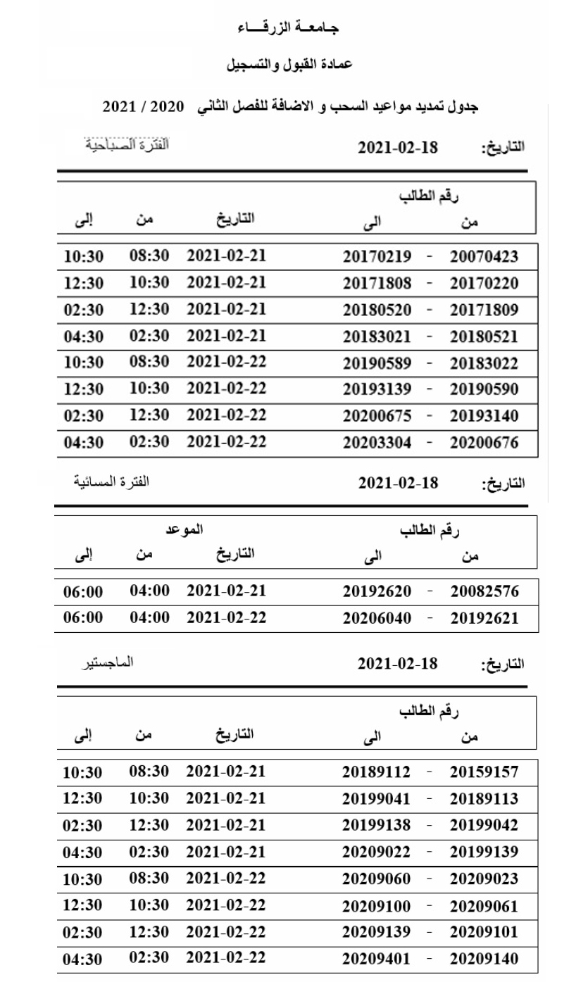  جامعة الزرقاء - تمديد مواعيد السحب والإضافة للفصل الثاني 2021/2020