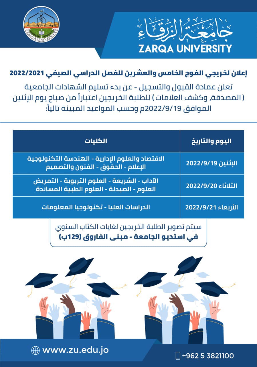  جامعة الزرقاء - إعلان لخريجي الفوج الخامس والعشرين للفصل الدراسي الصيفي 2021/2022